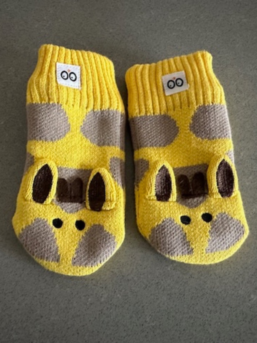 Baby/Toddler 12-24M Knit Yellow Mittens - Jaime the Giraffe-Worn 2x